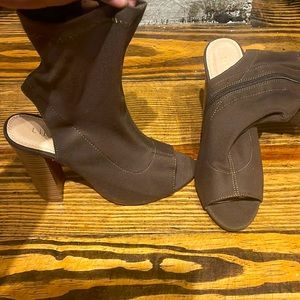 Dark green suede open toe boots